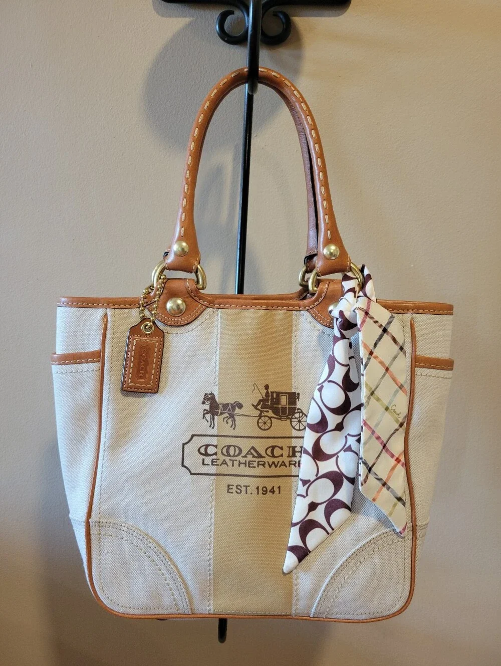 Coach Tattersal Silk Lining Leatherware Canvas Tote Bag in Beige with Tan Trim